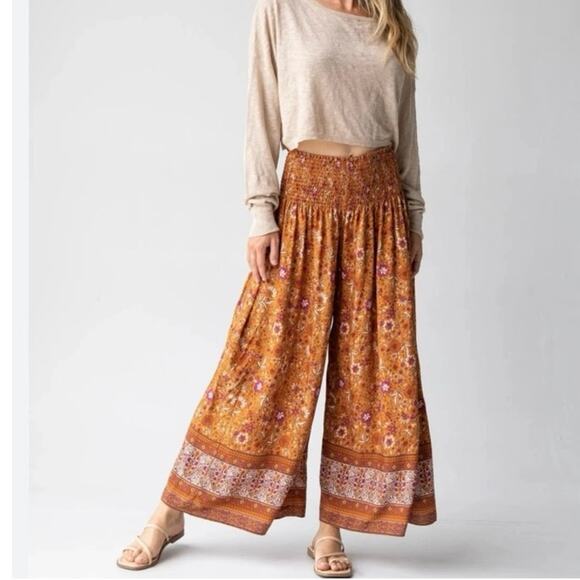 Natural Life Pants - Natural Life Brown Purple Boho Smocked Waist Pull On Palazzo Wide Leg Pants Sz L